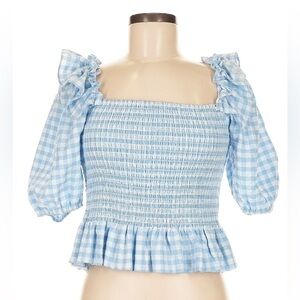 AQUA Women’s Smocked Gingham Top with Puff Sleeves